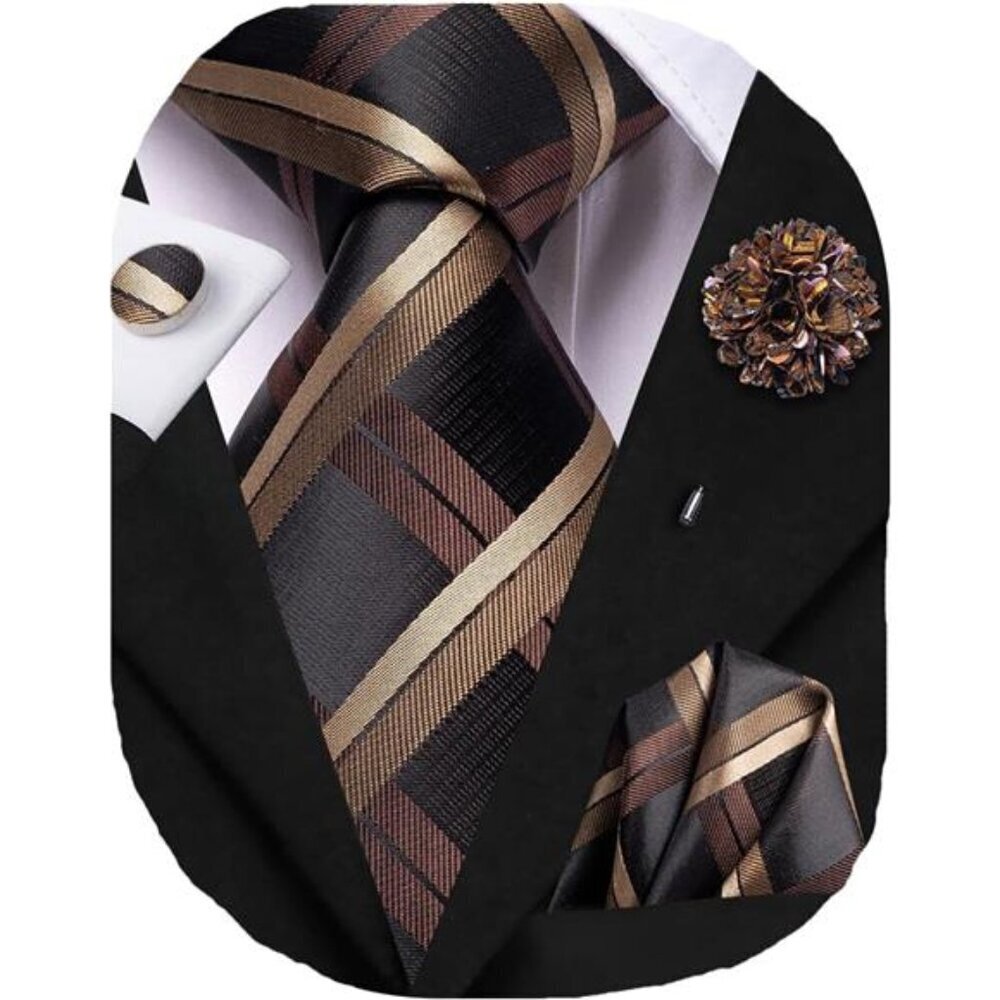 Mens Tie Set Silk Striped Woven Necktie with Lapel Pin Pocket Square